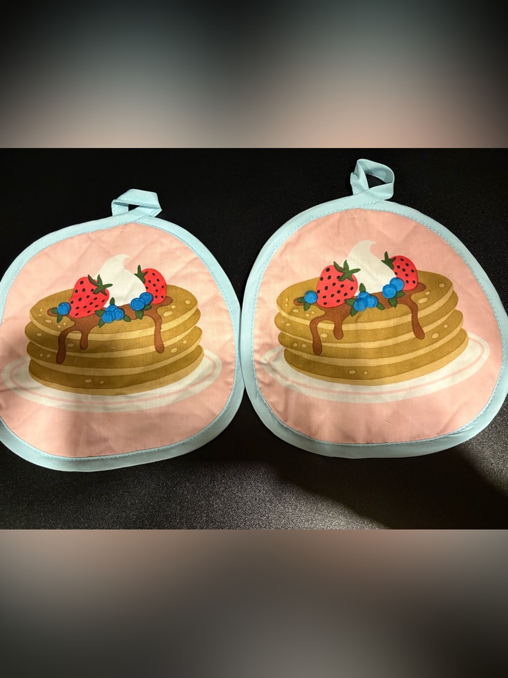 Pancake Print Pot Holders - Pink & Light Blue Trim